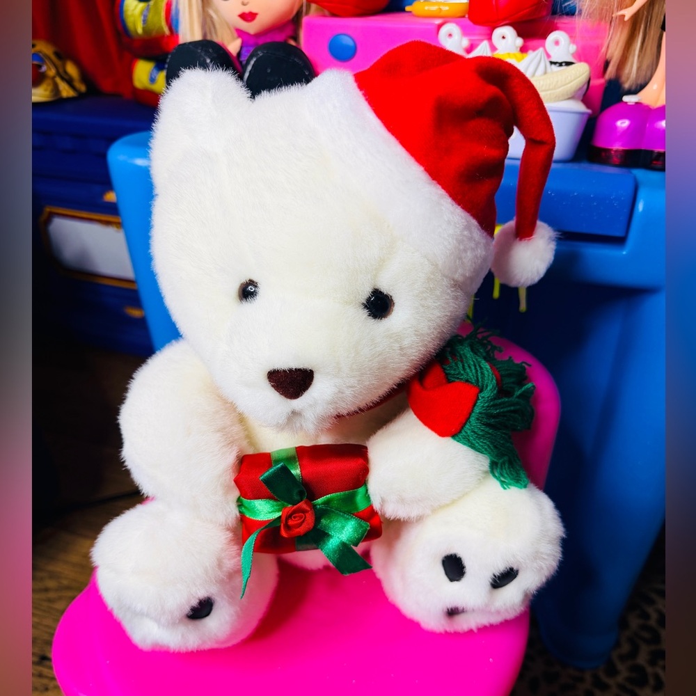 Vintage White Teddy Bear Plush with Red Santa Hat and Green Bow